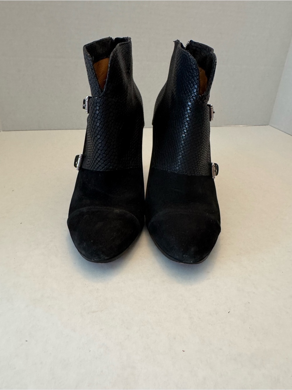 Coach Black Suede Snakeskin Double Monk Strap Booties Heel 7B - Picture 5 of 10